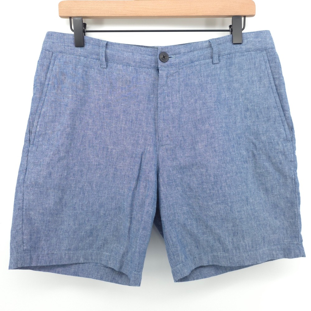 Club Monaco Mens Shorts Baxter Fit 31 Blue Linen Blend Casual Summer Coastal